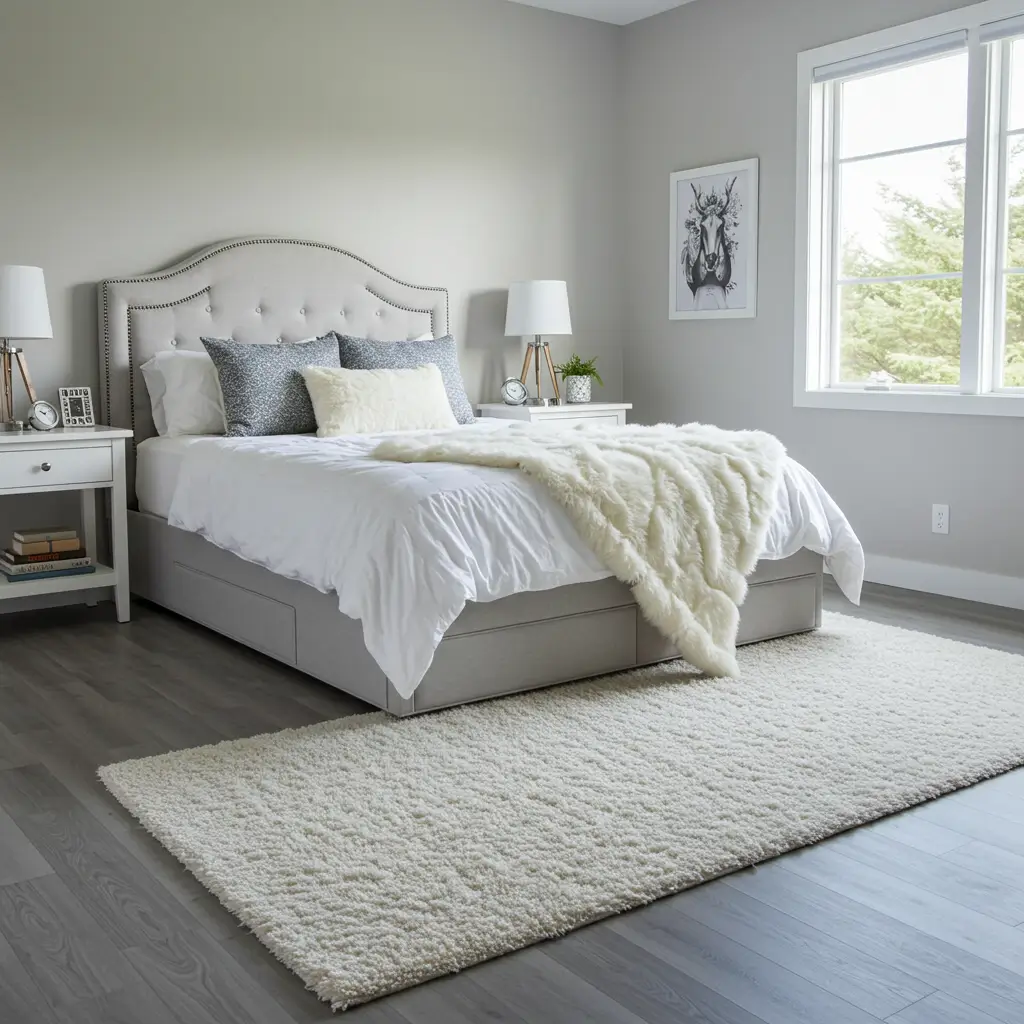 White Rug Over Grey Flooring
