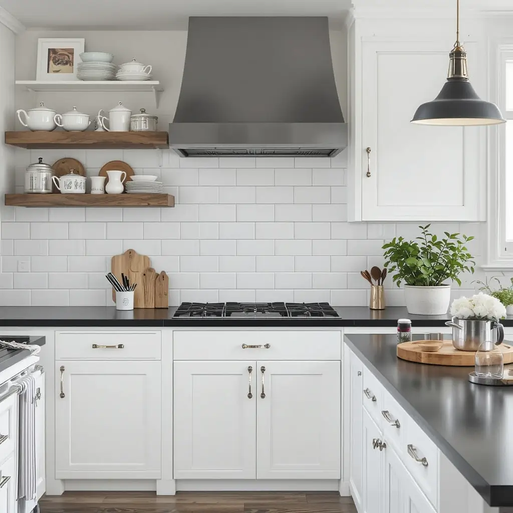 White Subway Tiles and Black Countertops