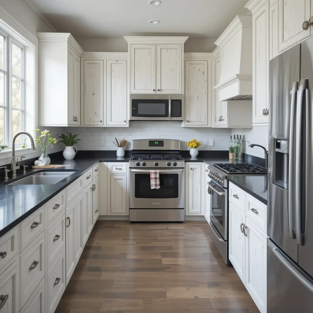 Whitewashed Cabinets with Black Counters