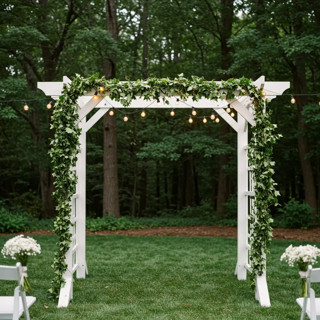 Whitewashed Wood Arch with Ivy and Globe Lights