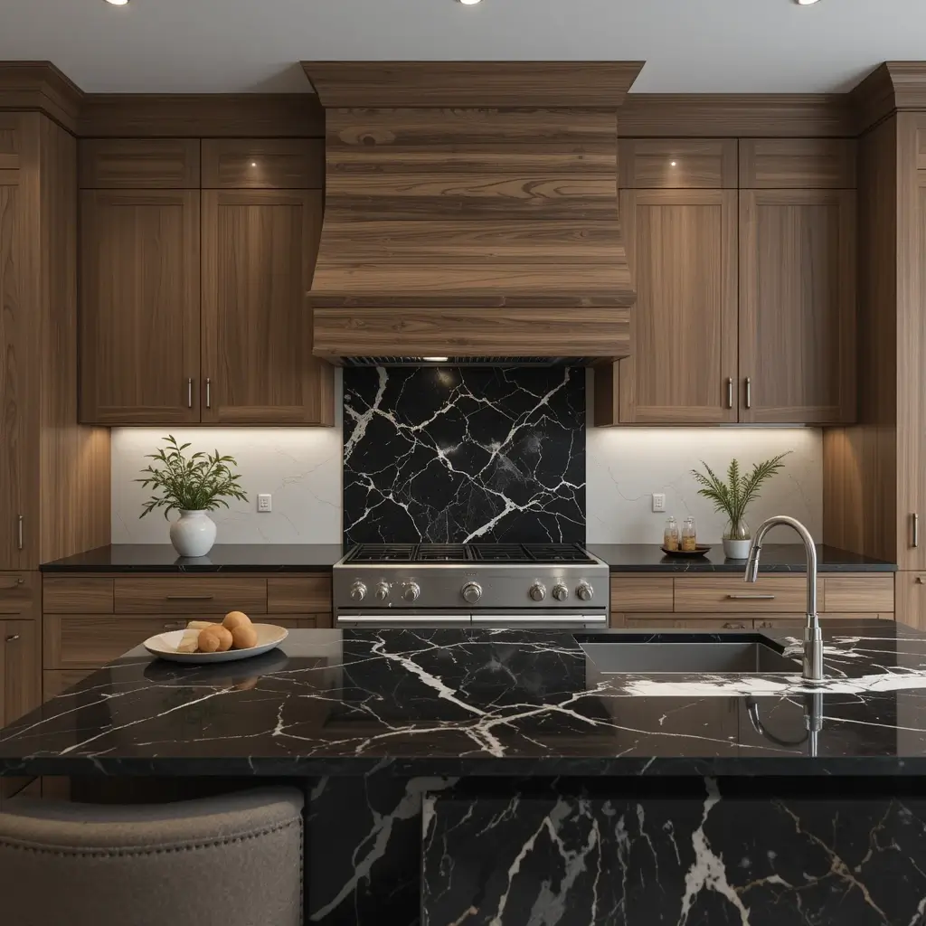 Wood and Marble Blend with Black Countertops