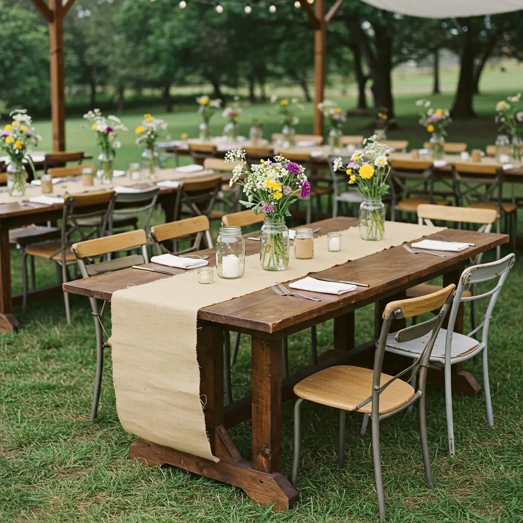 Wooden Farm Tables with Mismatched Chairs