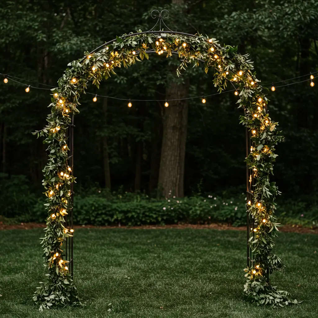 Wrought Iron Arch with Greenery and Warm String Lights