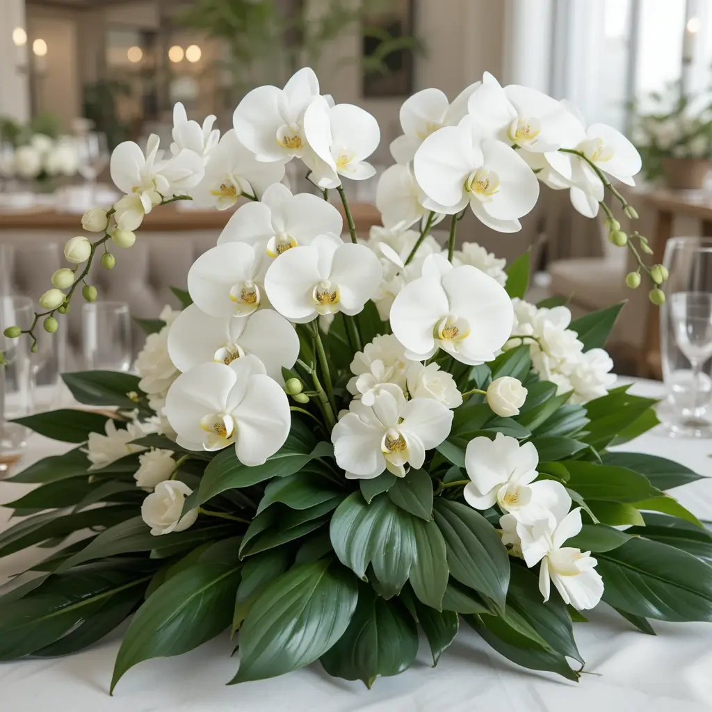 White Orchids with Glossy Leaves