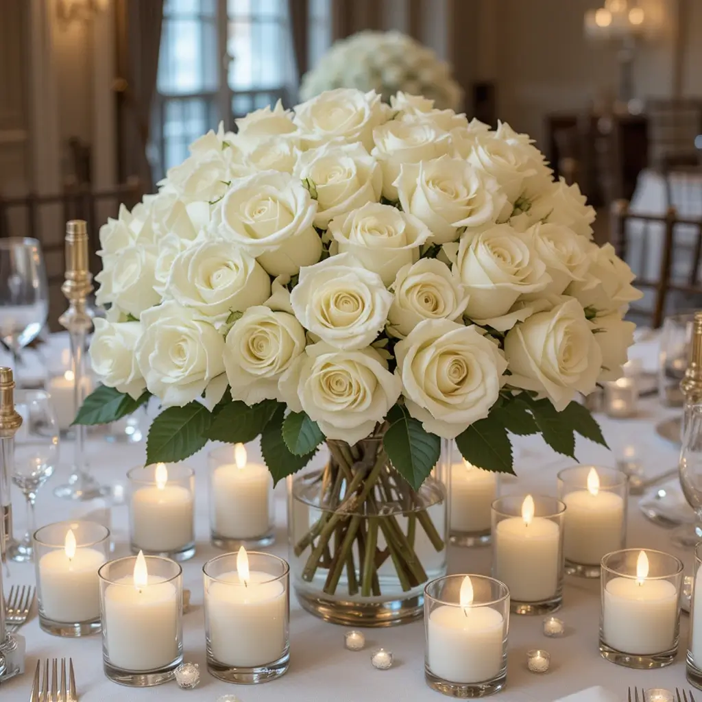 Classic White Roses and Pillar Candles