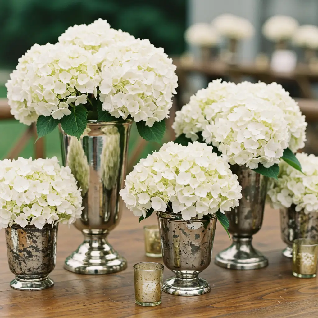  Antique Silver Vases with Hydrangeas
