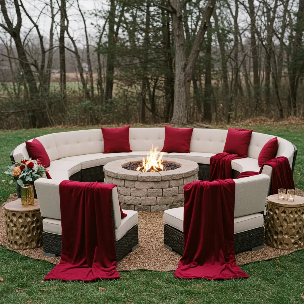 Backyard Fire Pit Lounge with Burgundy Blankets