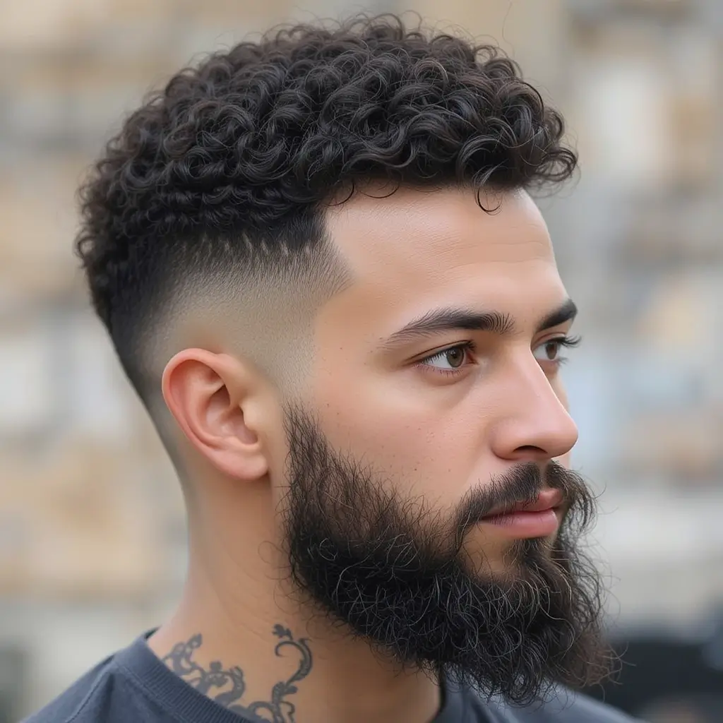Bald Fade with Line Design and Beard