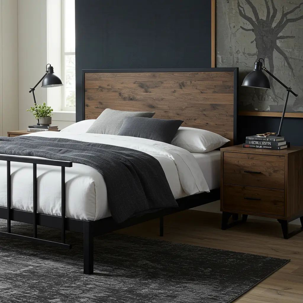 Black Metal Bed Frame with Wood Nightstands