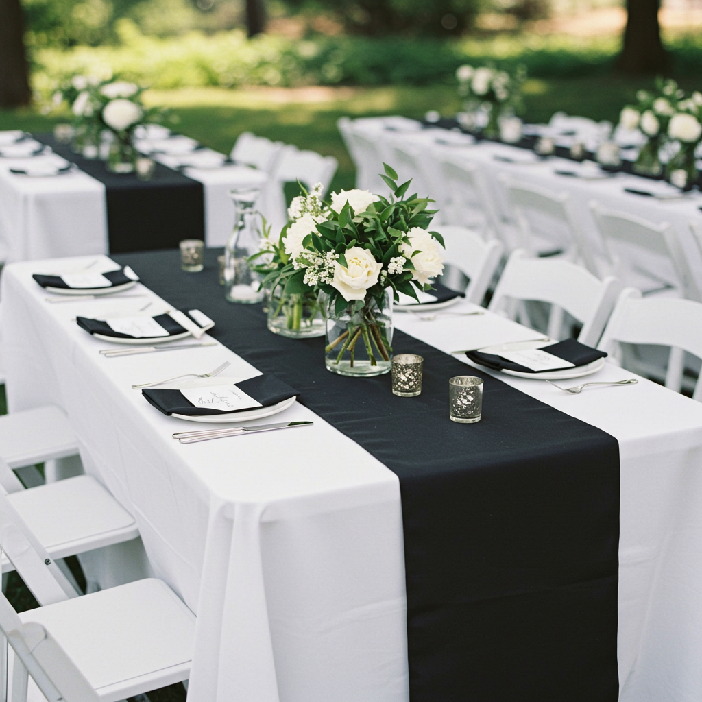 Black Table Runners on White Tables