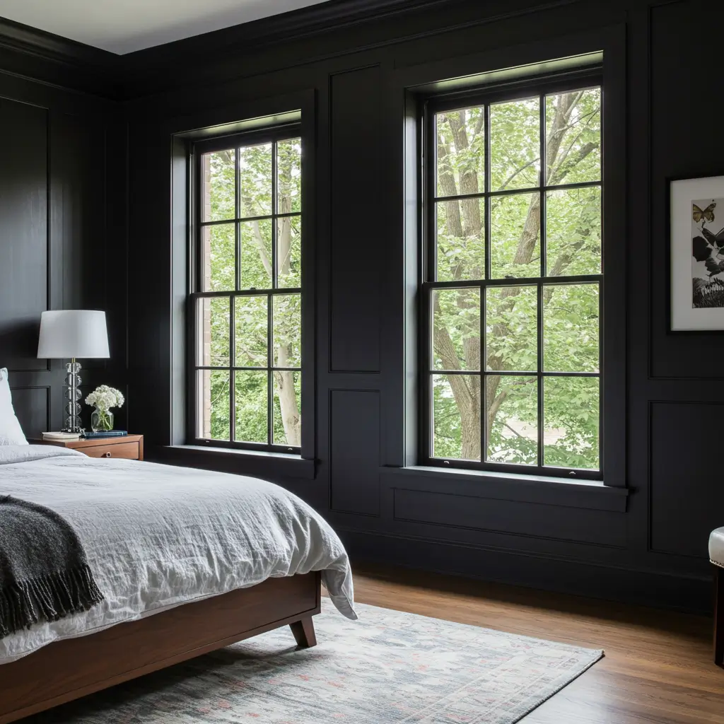 Black Window Frames with Wood Trim