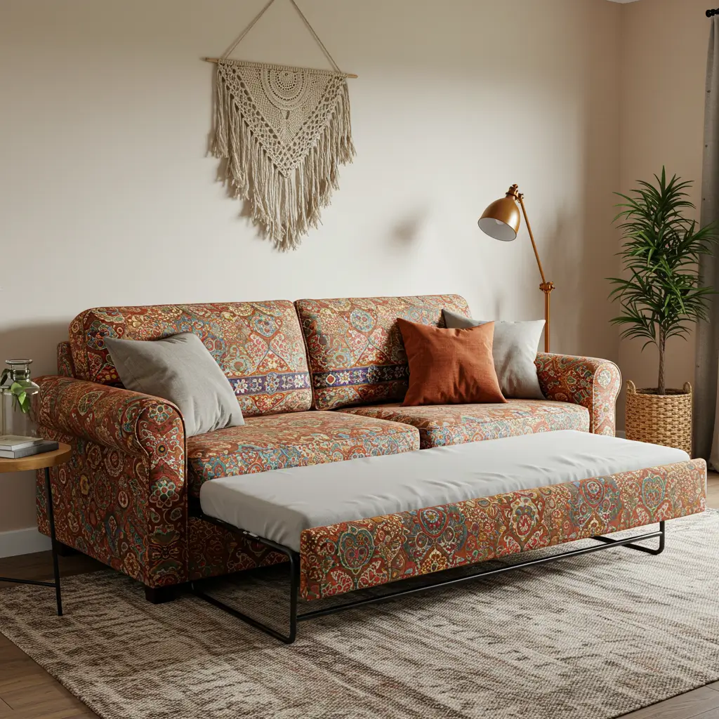 Boho Chic Sleeper Sofa with Patterned Upholstery