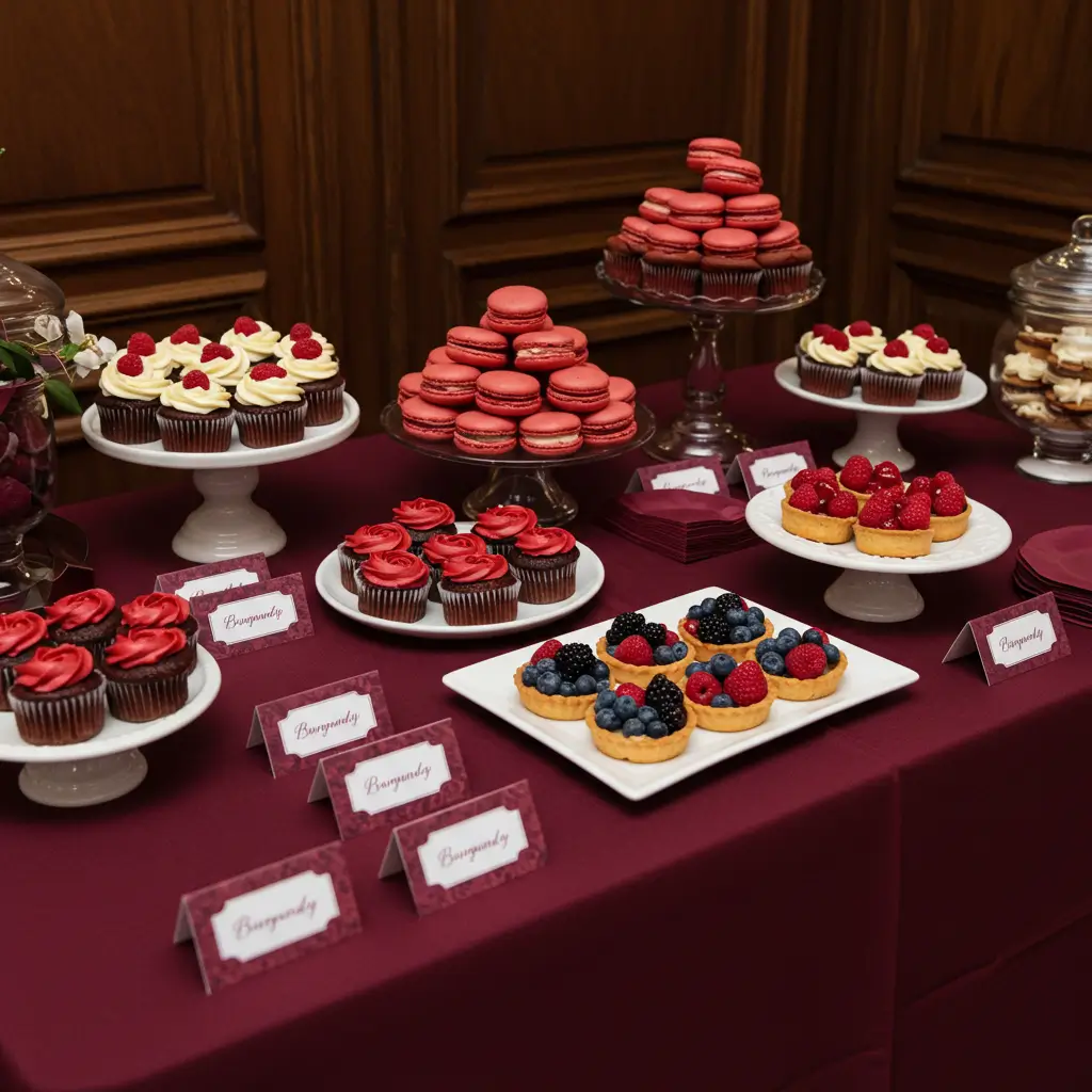 Burgundy Dessert Table with Red Velvet Treats