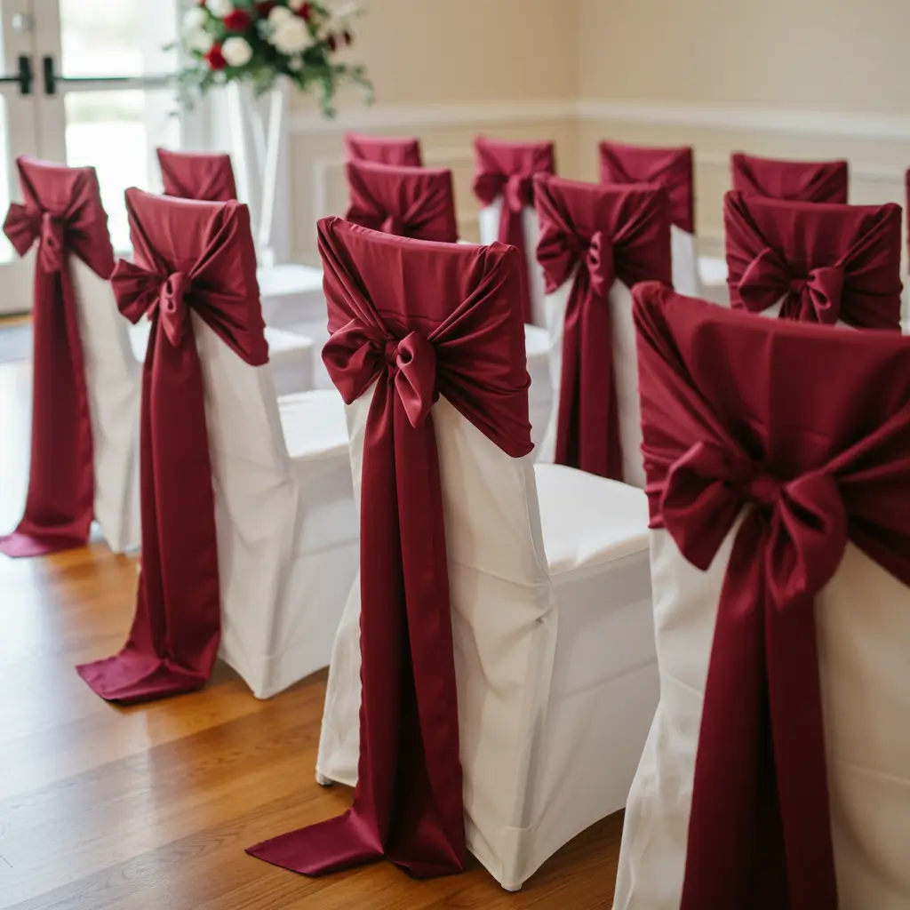 Burgundy Sashes on Ceremony Chairs