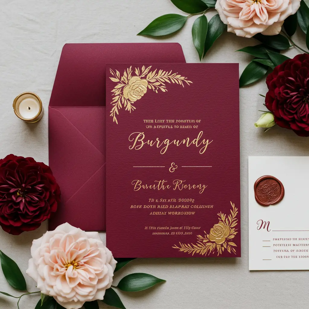 Burgundy Wedding Invitations with Gold Foil