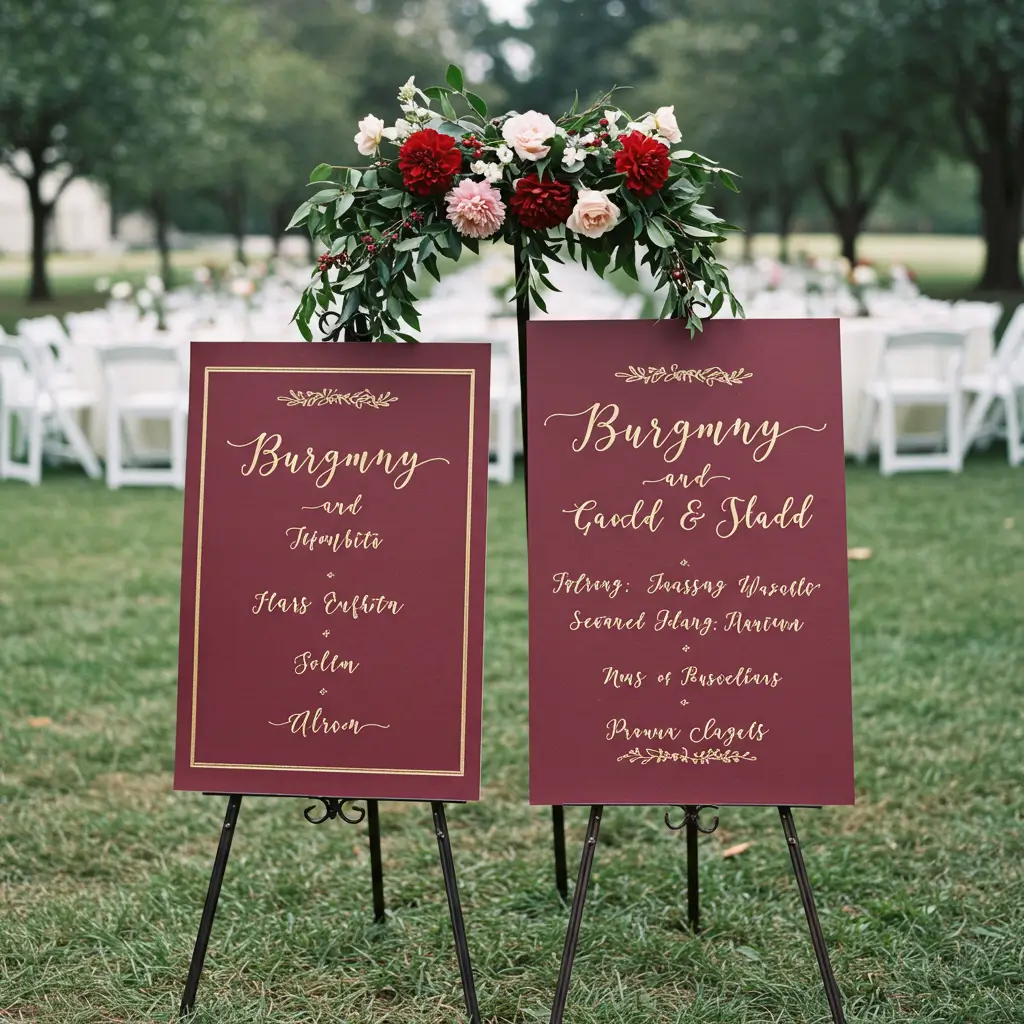 . Burgundy and Gold Wedding Signage