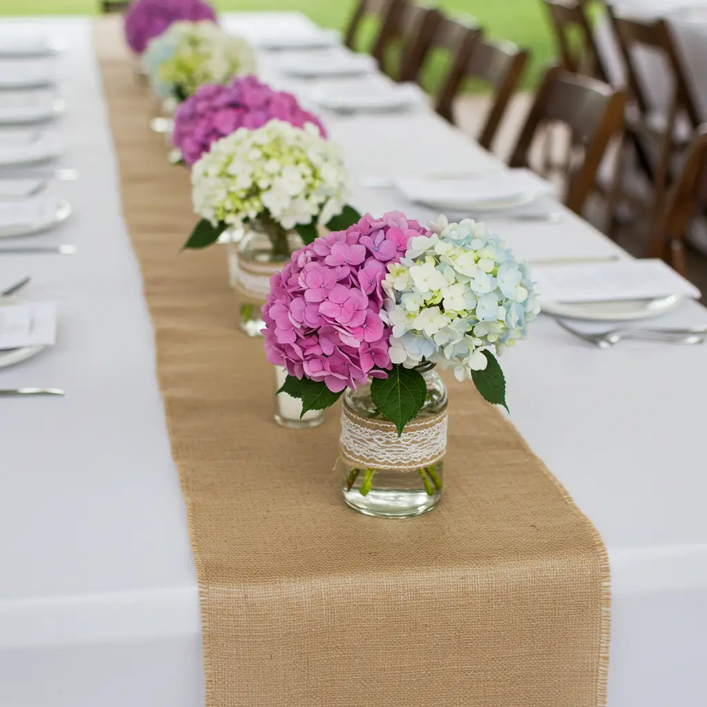 Burlap Table Runner with Hydrangea Accents
