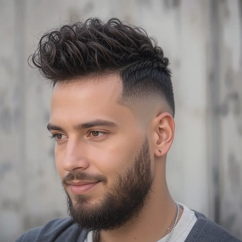 Burst Fade Mohawk with Curly Texture and Goatee