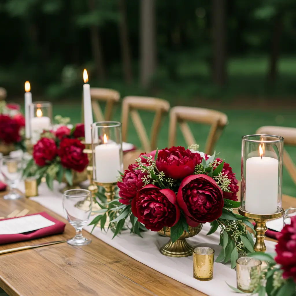 Centerpieces with Burgundy Peonies and Candles
