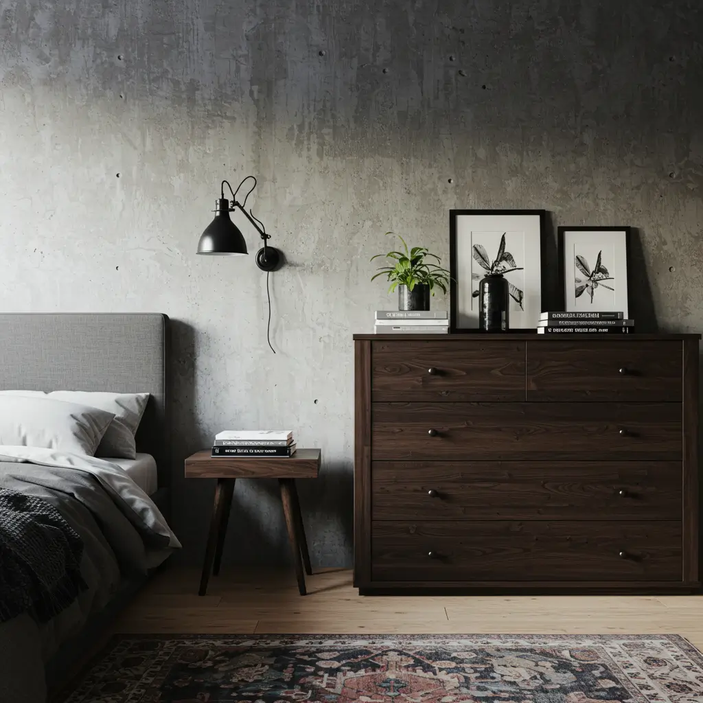 Concrete Walls with Dark Wood Dressers