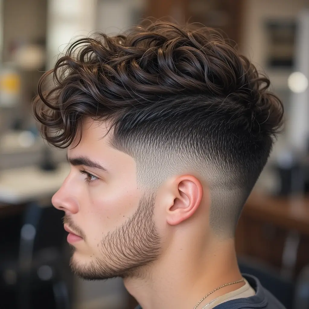 Curly Quiff with Skin Fade and Light Stubble