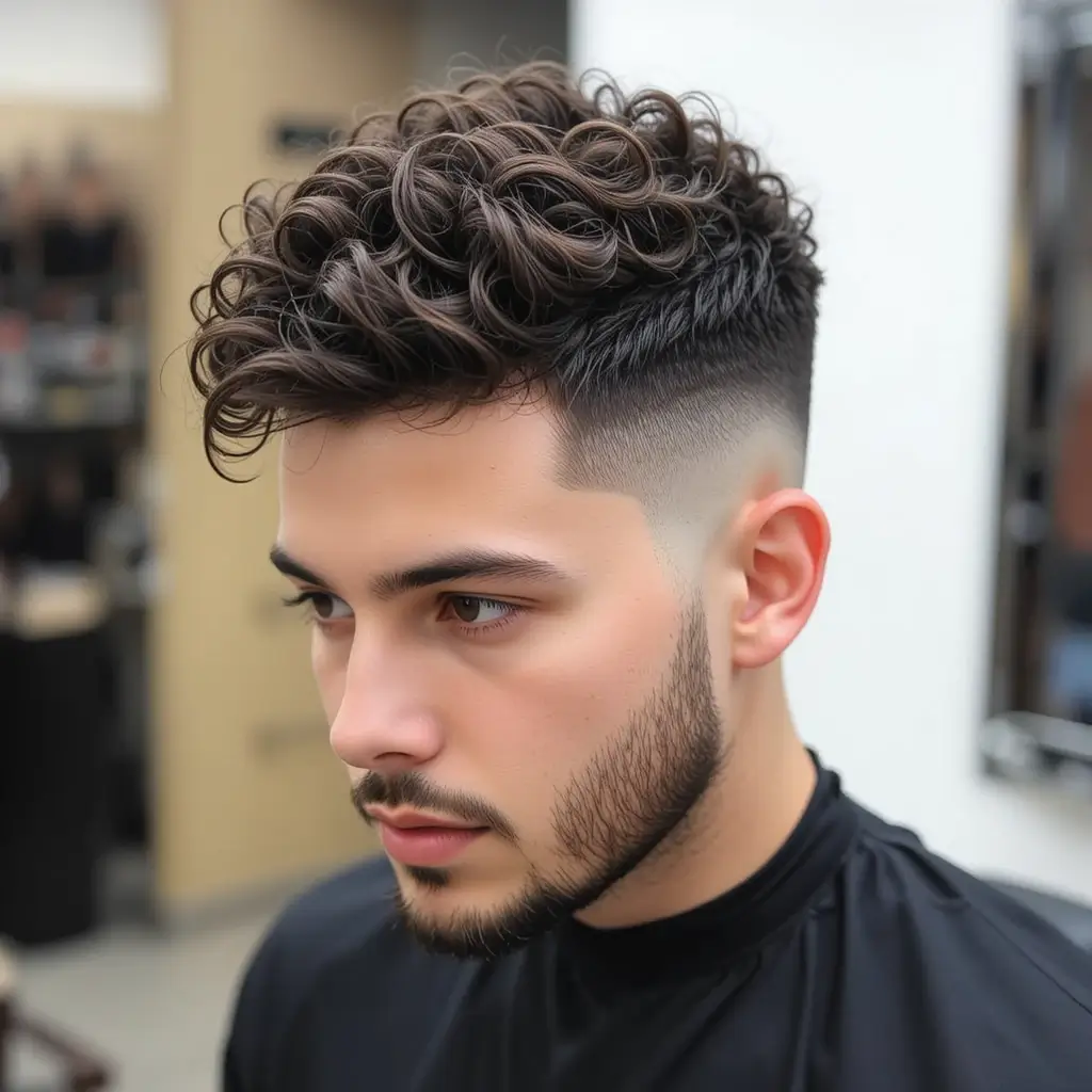 Curly Top with Skin Fade and Chinstrap Beard