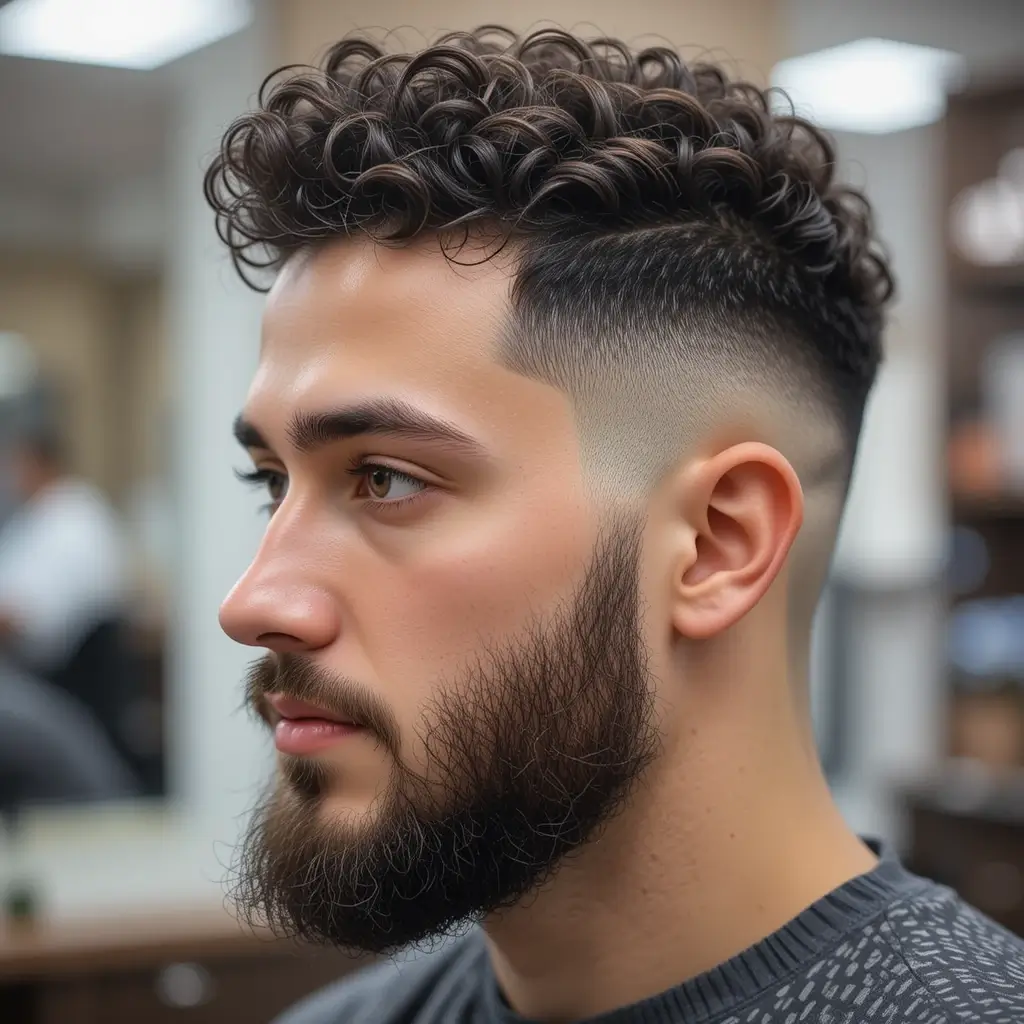 Curly Undercut Fade with Edge-Up and Beard
