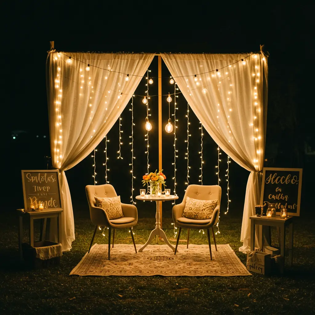 Curtain-Draped Photo Booth with Lights
