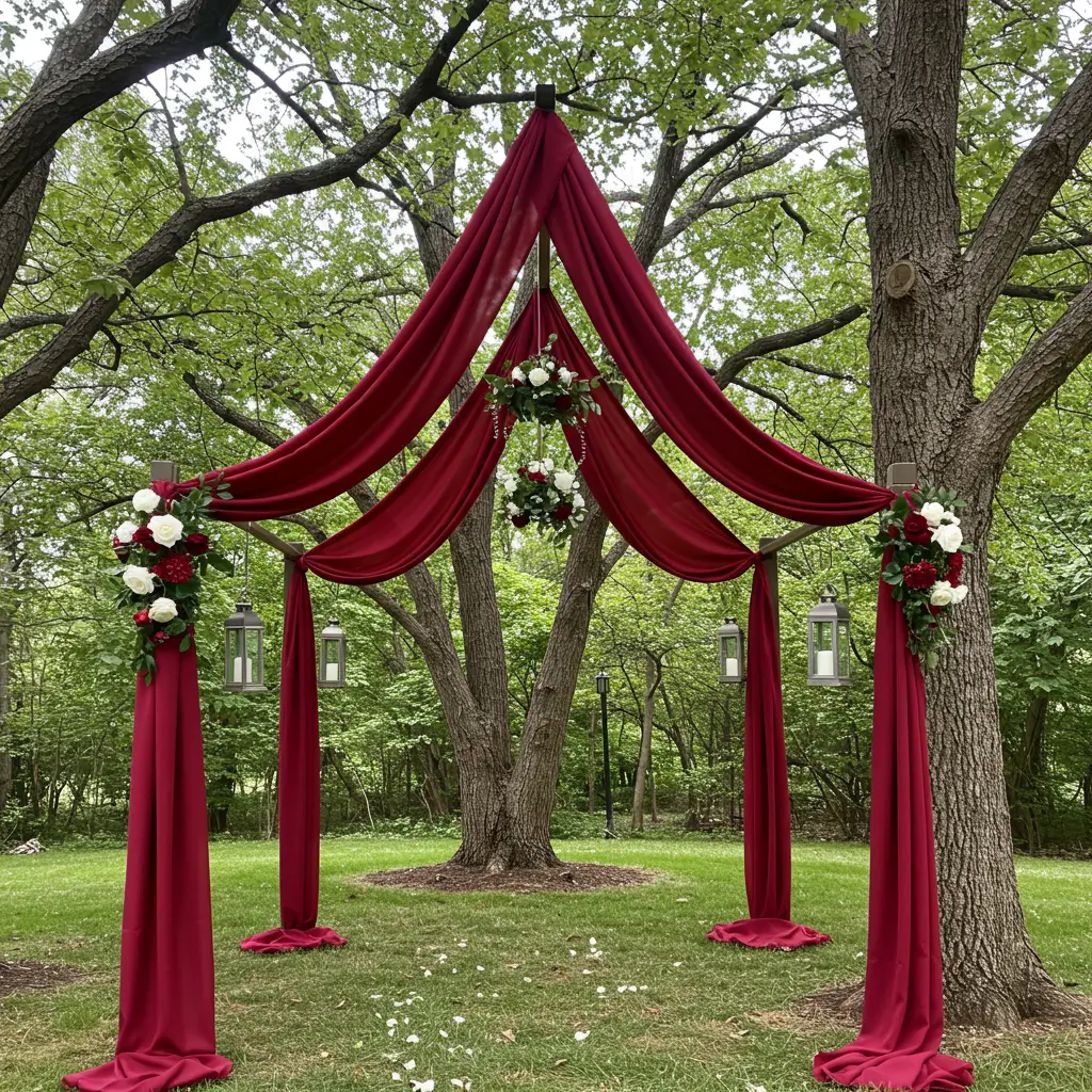 Draped Burgundy Fabric on Trees