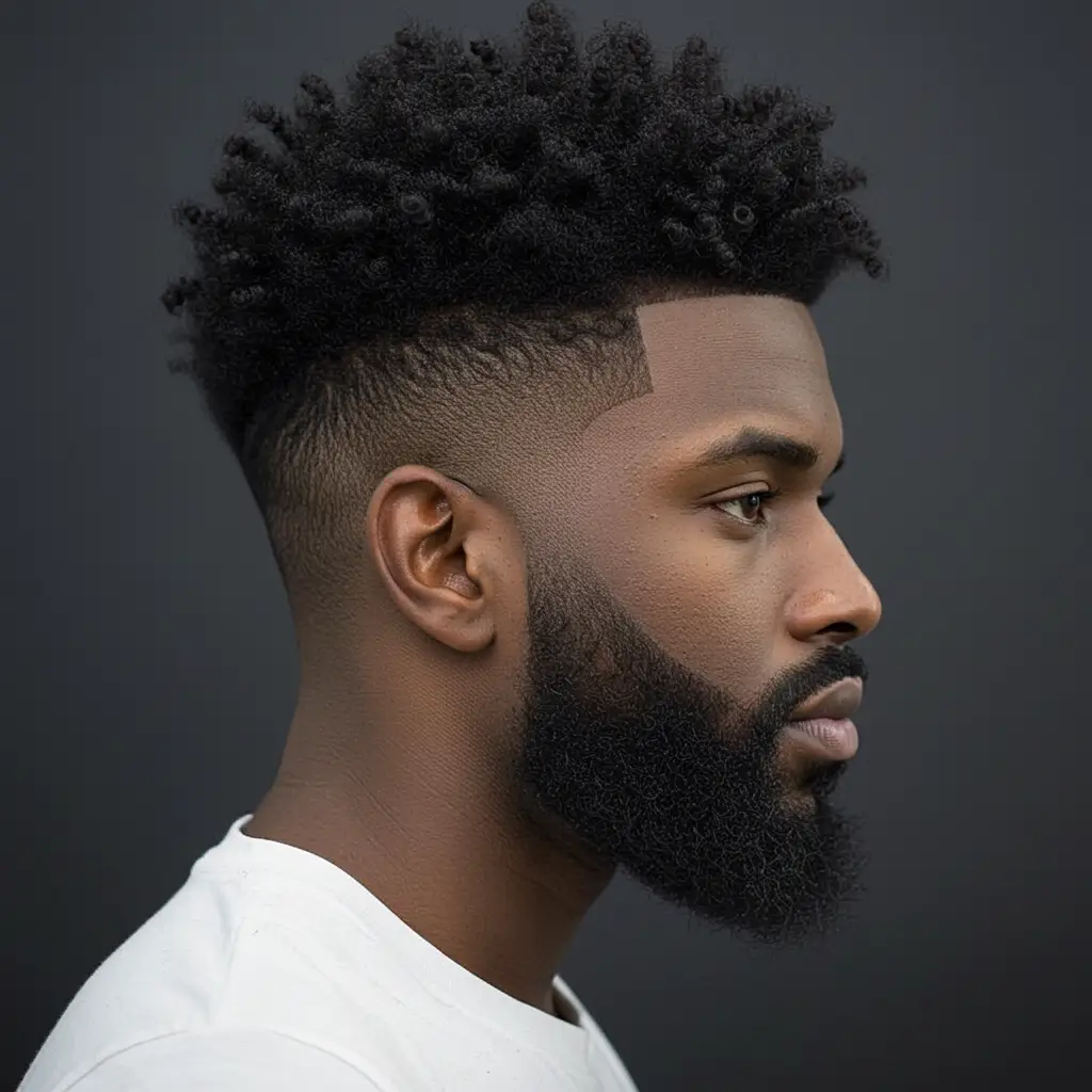 Drop Fade with Curly Top and Beard