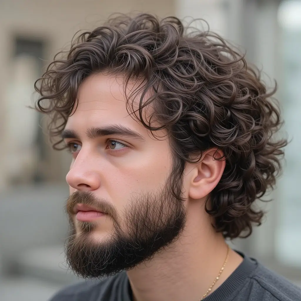Drop Fade with Loose Curls and Bold Beard