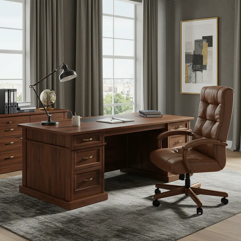 Executive Leather Desk and Chair Set