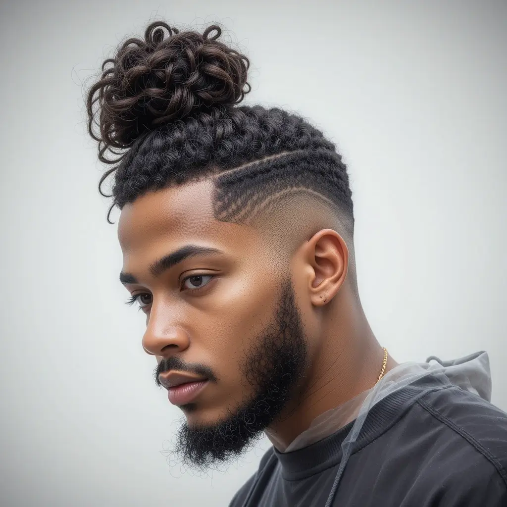 Fade with Curly Top Knot