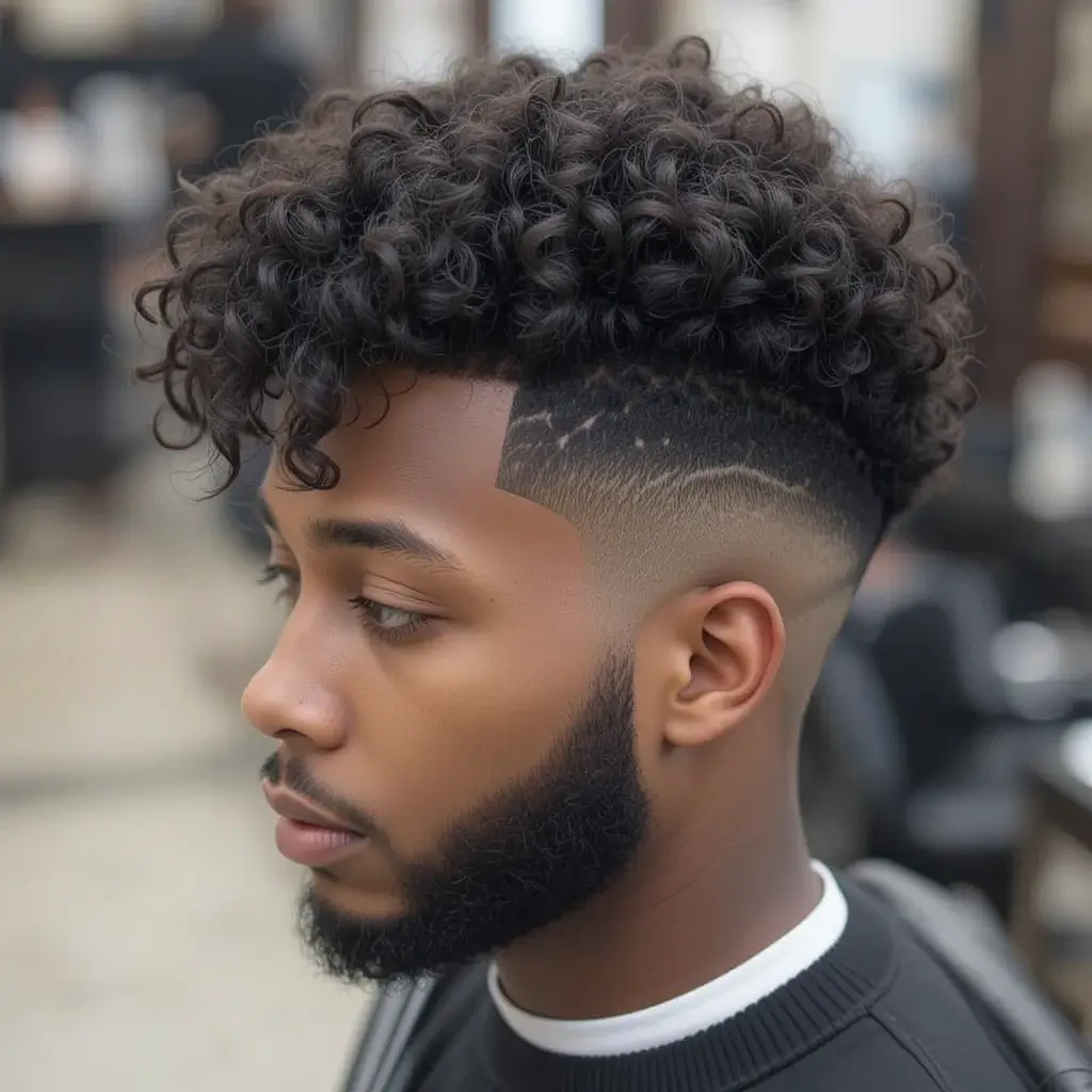 . Fade with Curly Undercut and Beard Blend