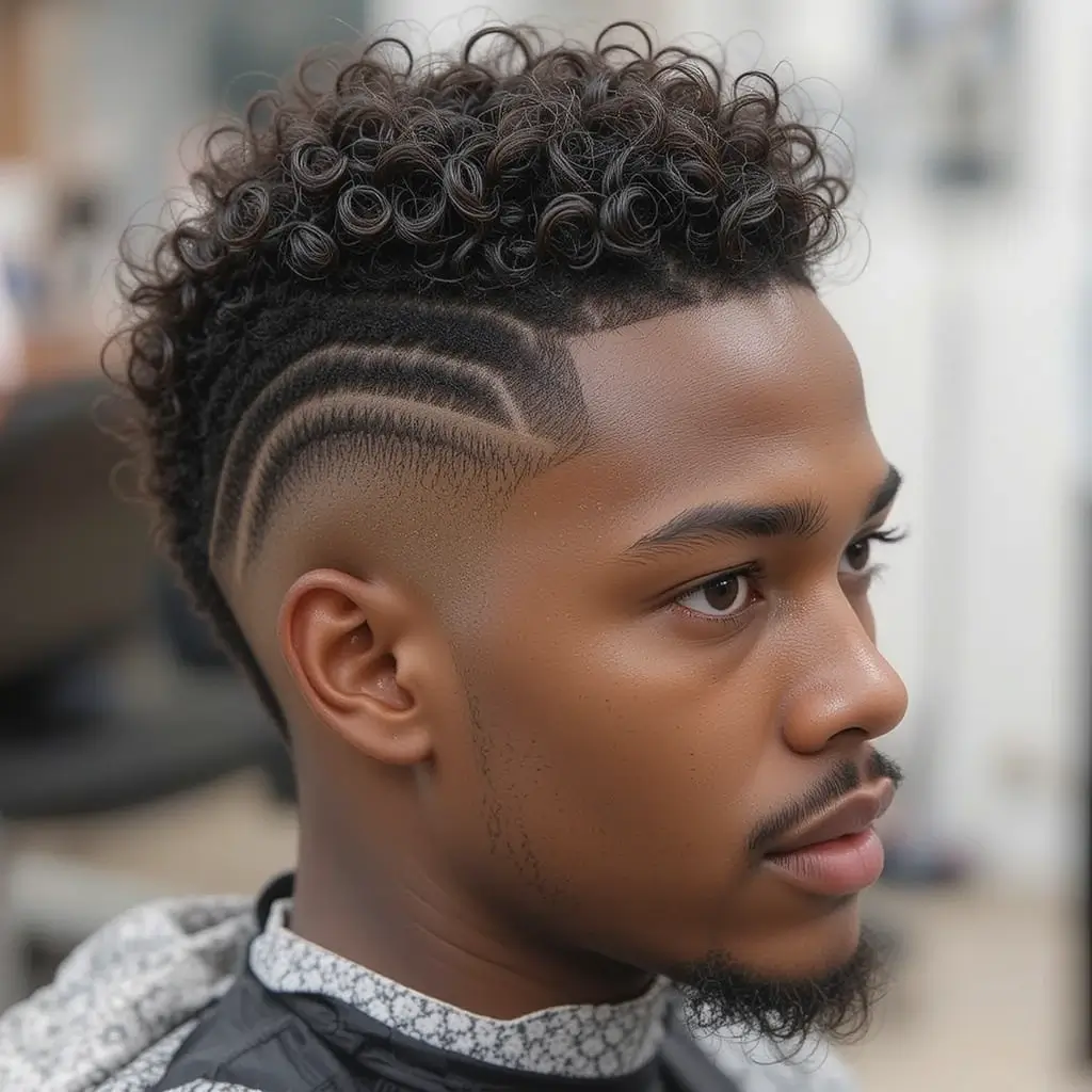 Fade with Short Curls and Razor Design