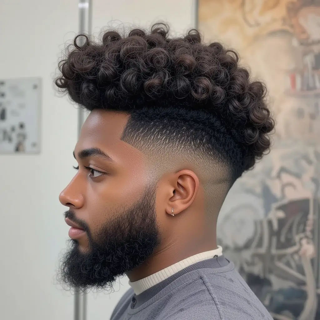 Fade with Thick Curls and Beard