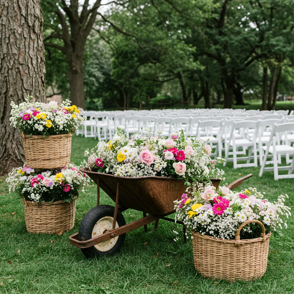 Flower-Filled Wheelbarrows or Baskets