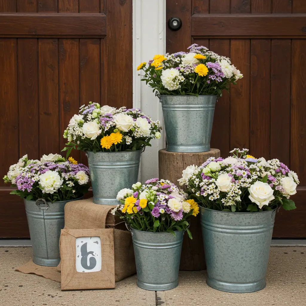 Galvanized Metal Buckets with Flowers