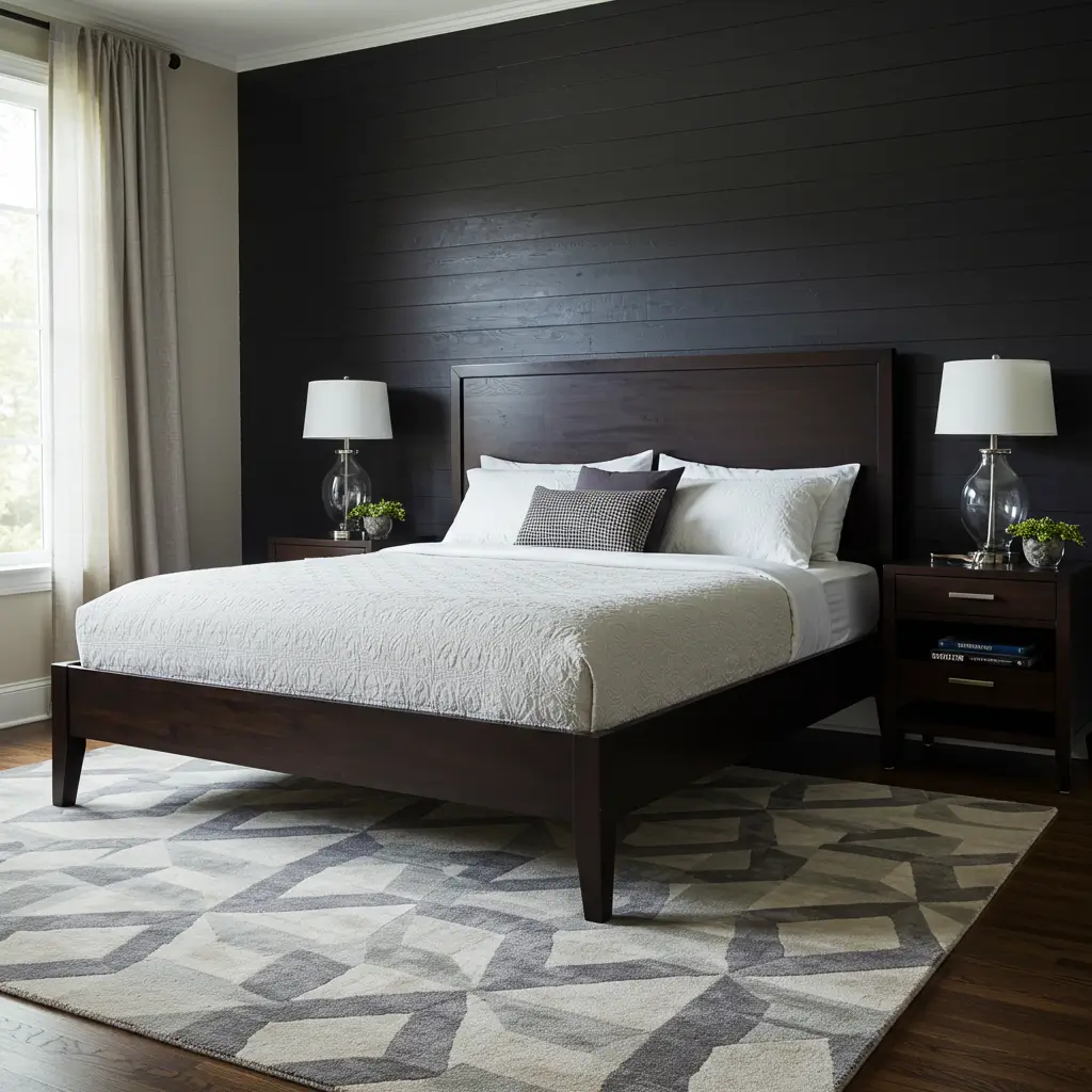 Geometric Rugs Beneath Dark Wood Furniture