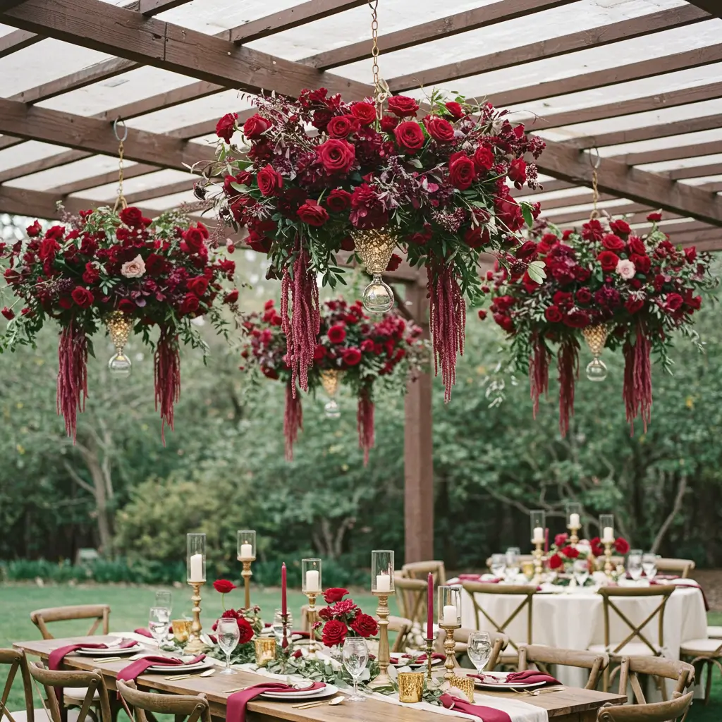 Hanging Burgundy Floral Chandeliers