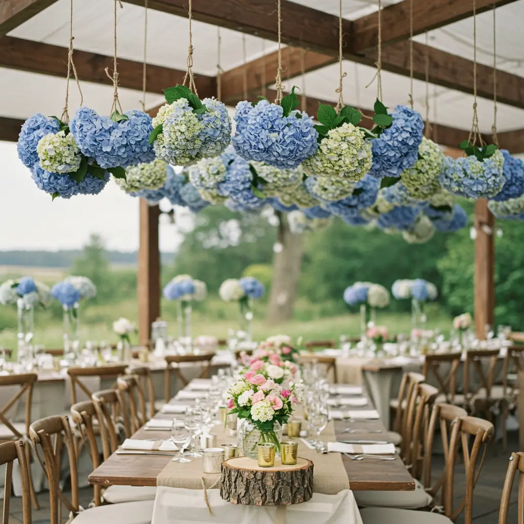 Hanging Hydrangea Arrangements Over Tables