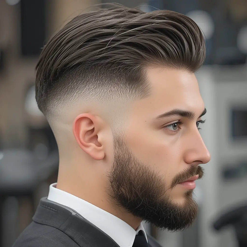 High Fade with Side Part and Faded Beard