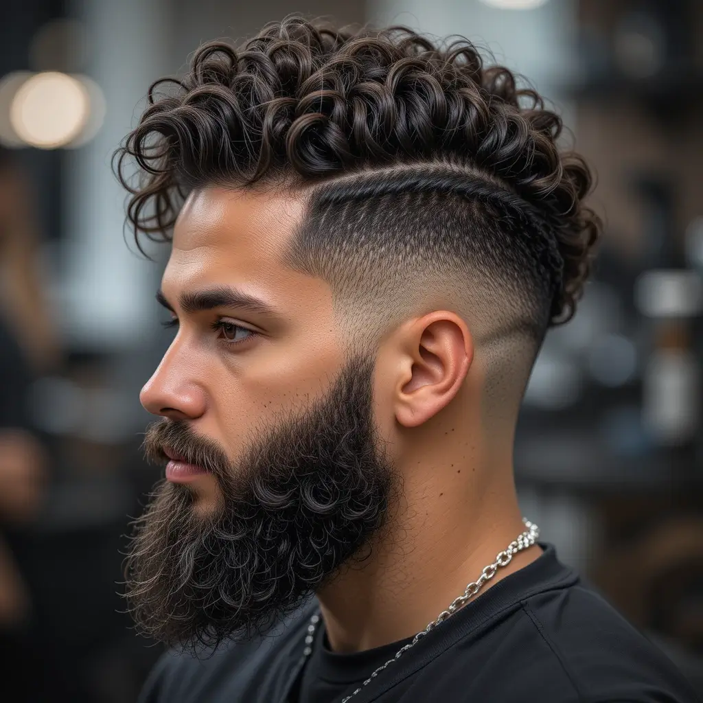 High Fade with Twisted Curls and Thick Beard