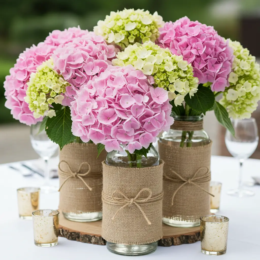 Hydrangea and Burlap Wrapped Vases