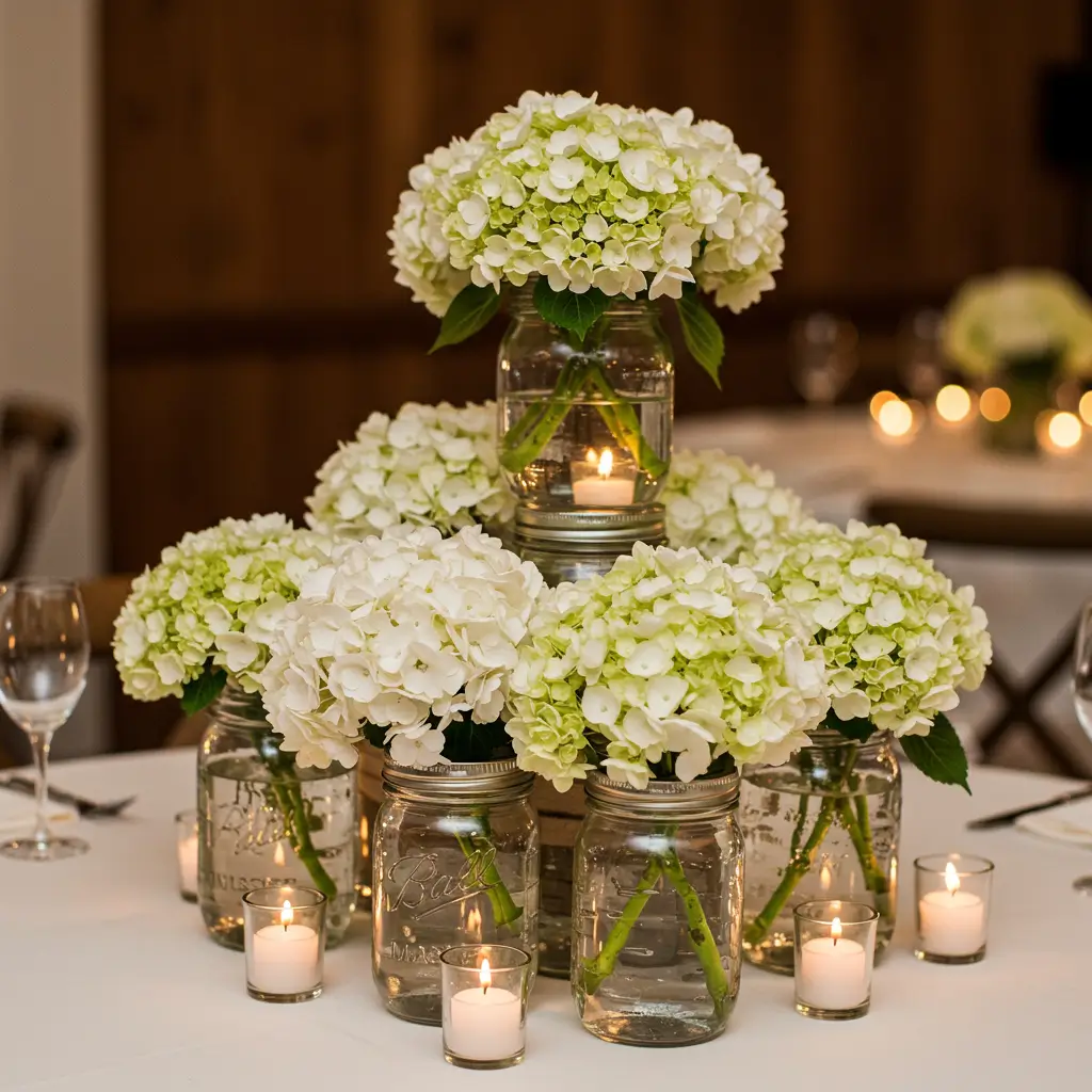 Hydrangea and Candle Mason Jar Clusters