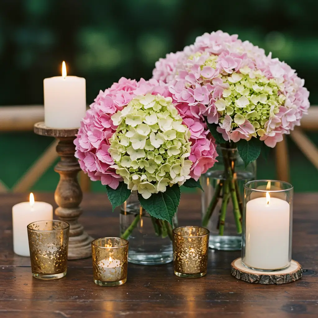  Hydrangea and Rustic Candle Holders