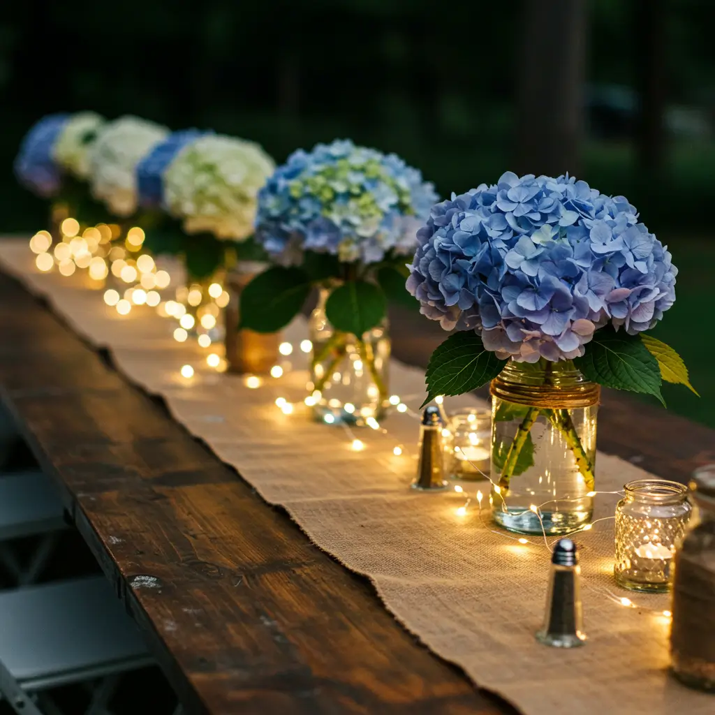 Hydrangea and Twinkle Light Table Décor