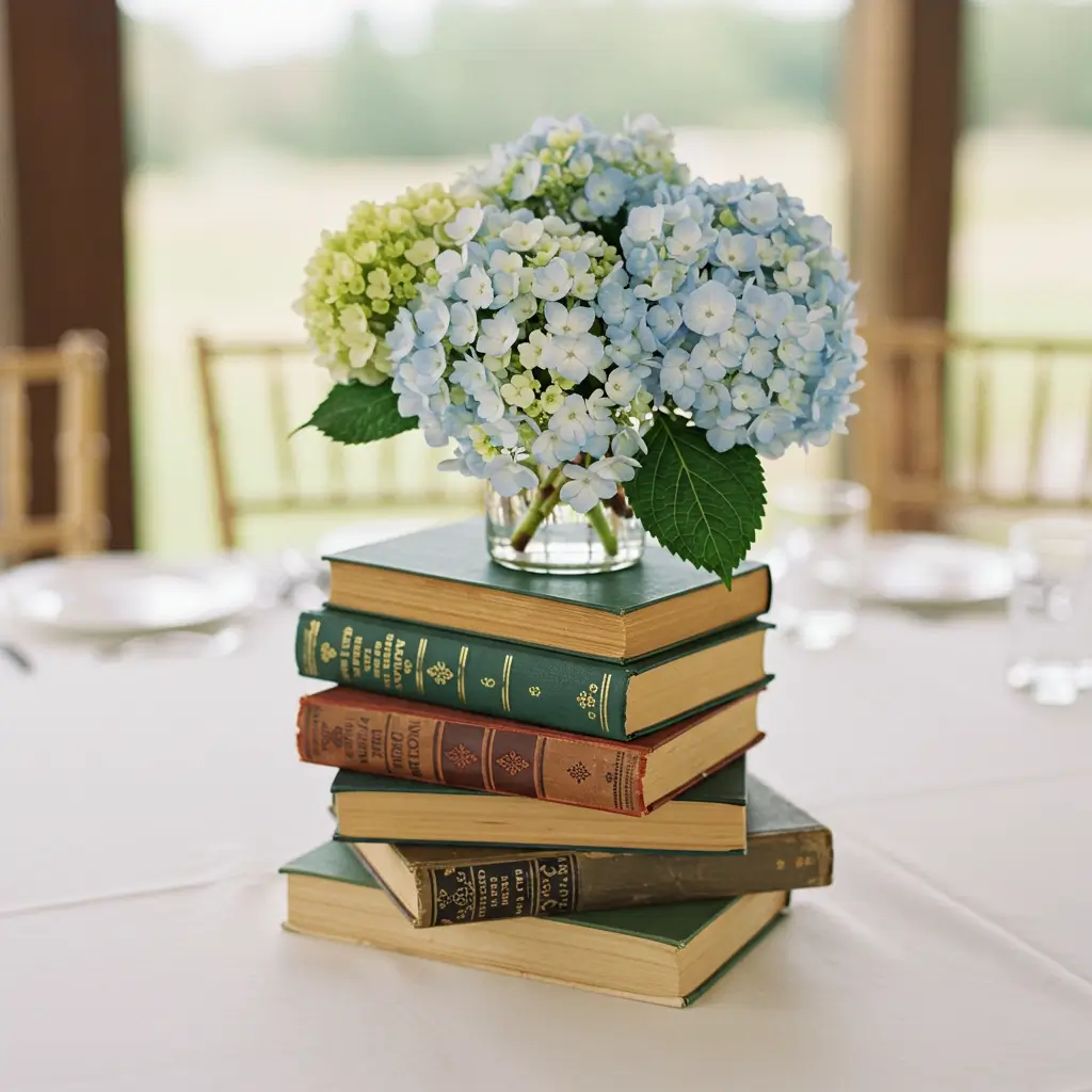 Hydrangea and Vintage Book Stacks