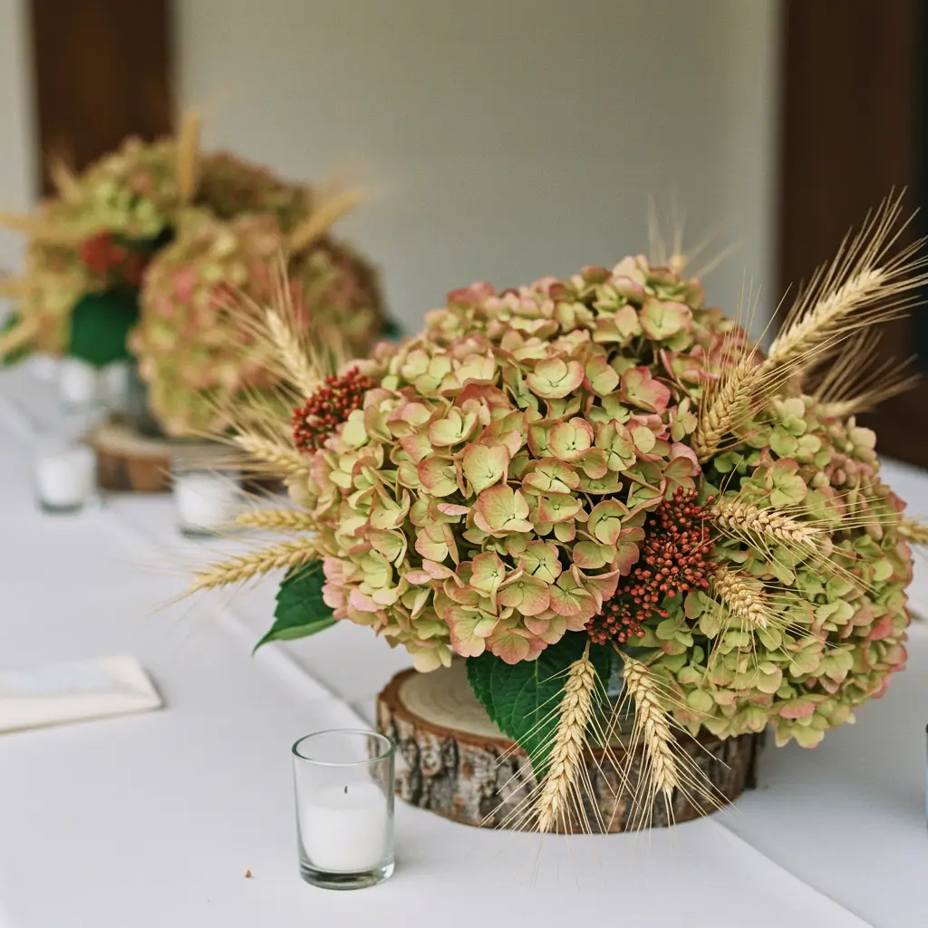  Hydrangeas and Wheat Stalks Arrangement