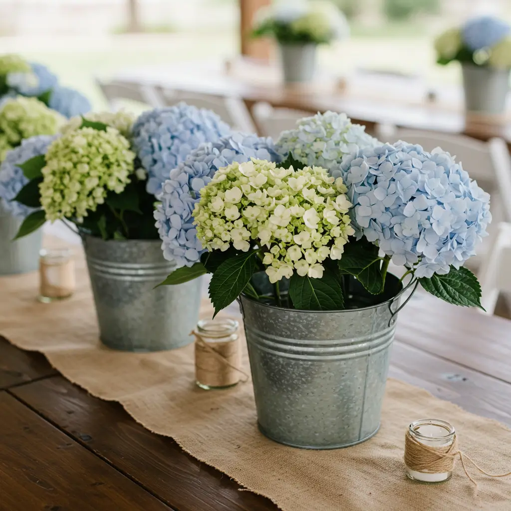 Hydrangeas in Galvanized Buckets
